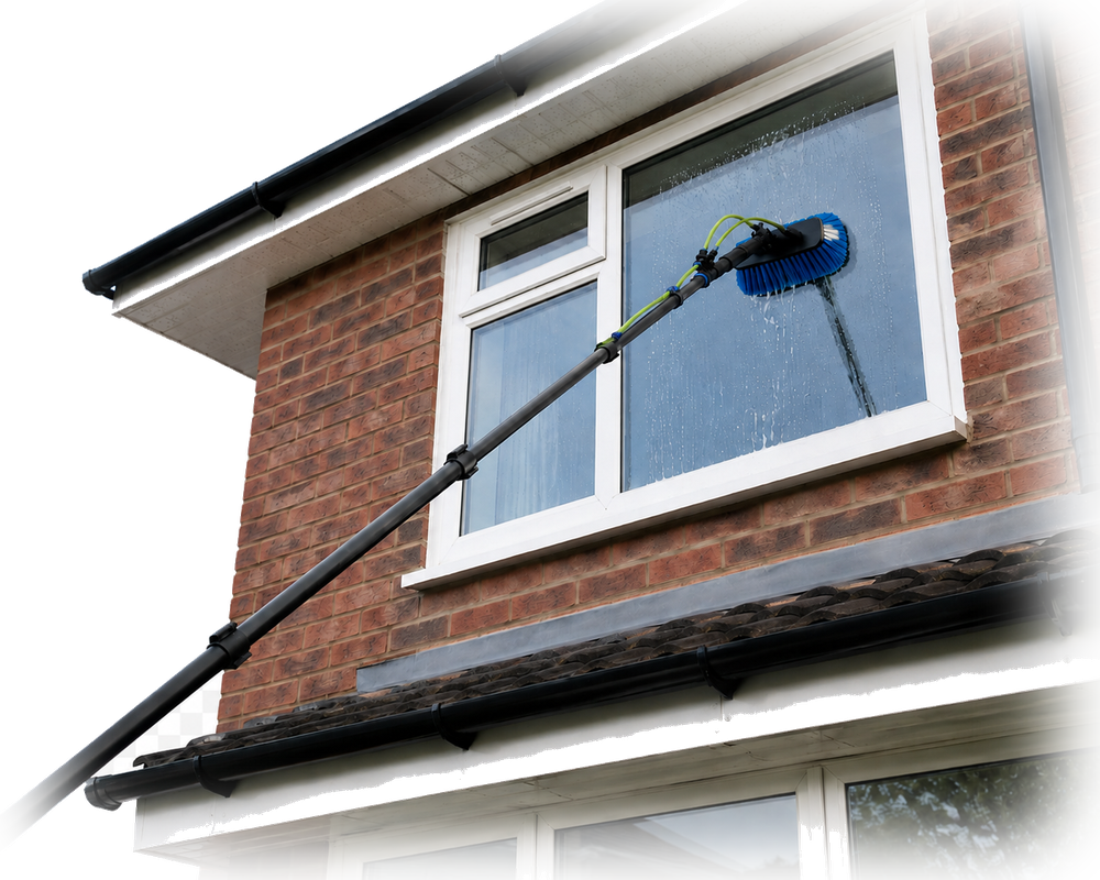 Water-fed pole and soft brush used for professional window cleaning