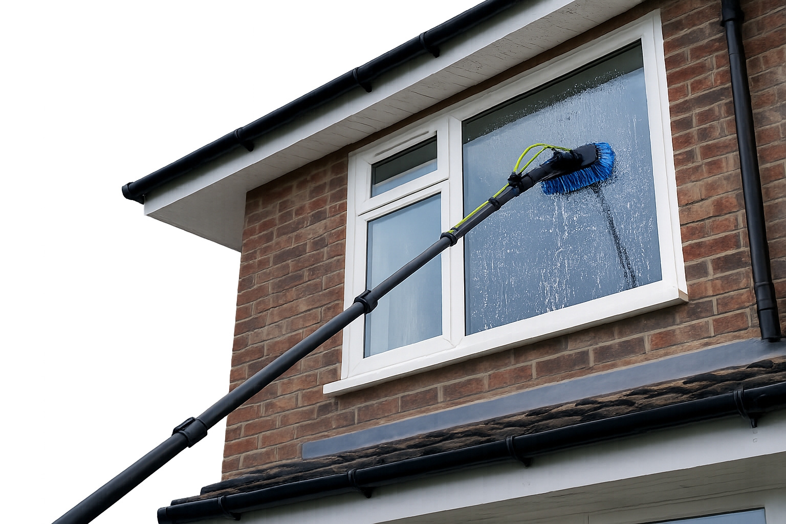 Water-fed pole and soft brush used for professional window cleaning